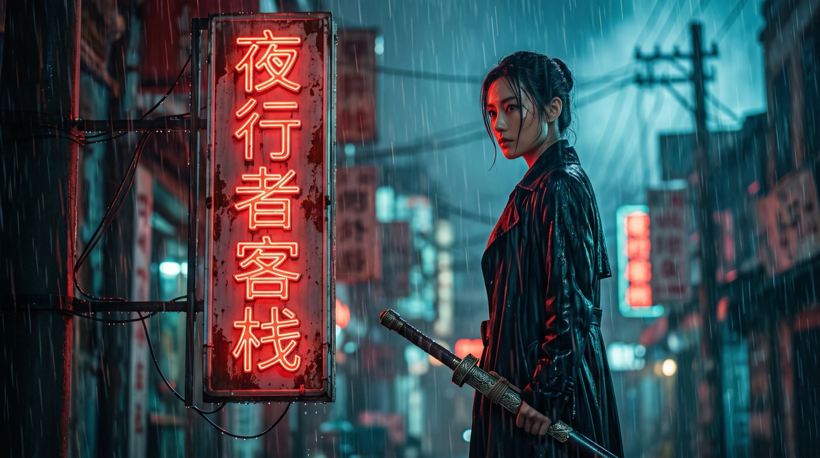 霓虹招牌特写,文字清晰